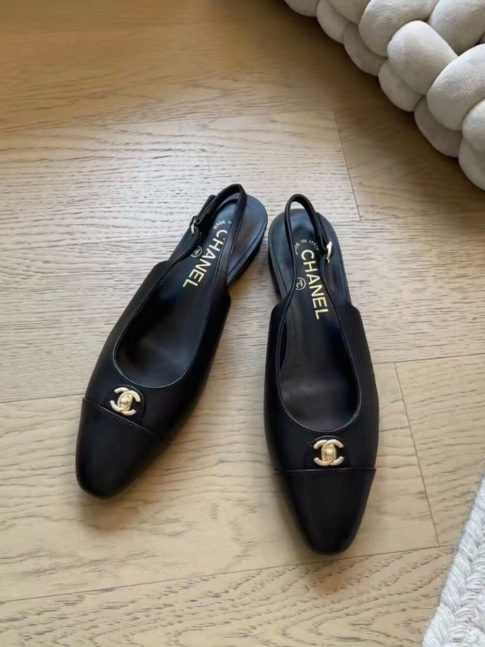 Chanel Black Leather CC Turnlock Slingback Flats
